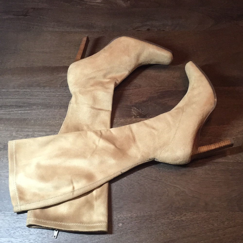 Soda stretch suede tan heeled boots
